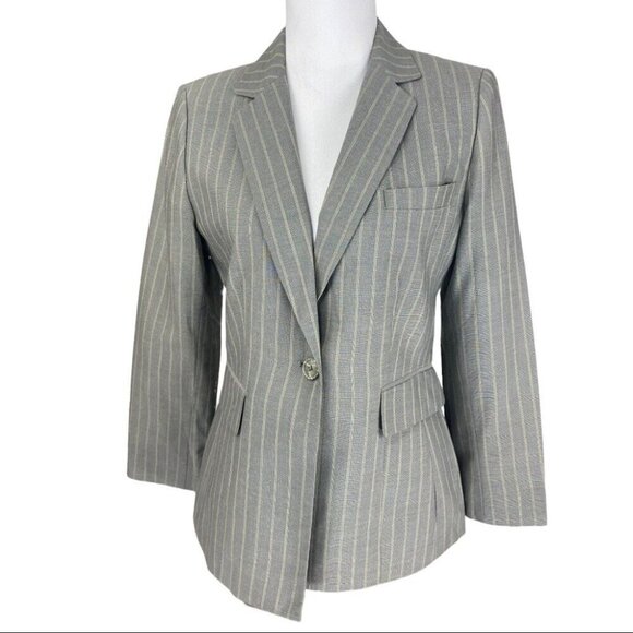 Tahari ASL Women's‎ Gray Green Pinstripe One Button Business Career Blazer 6/C37 - Picture 1 of 13